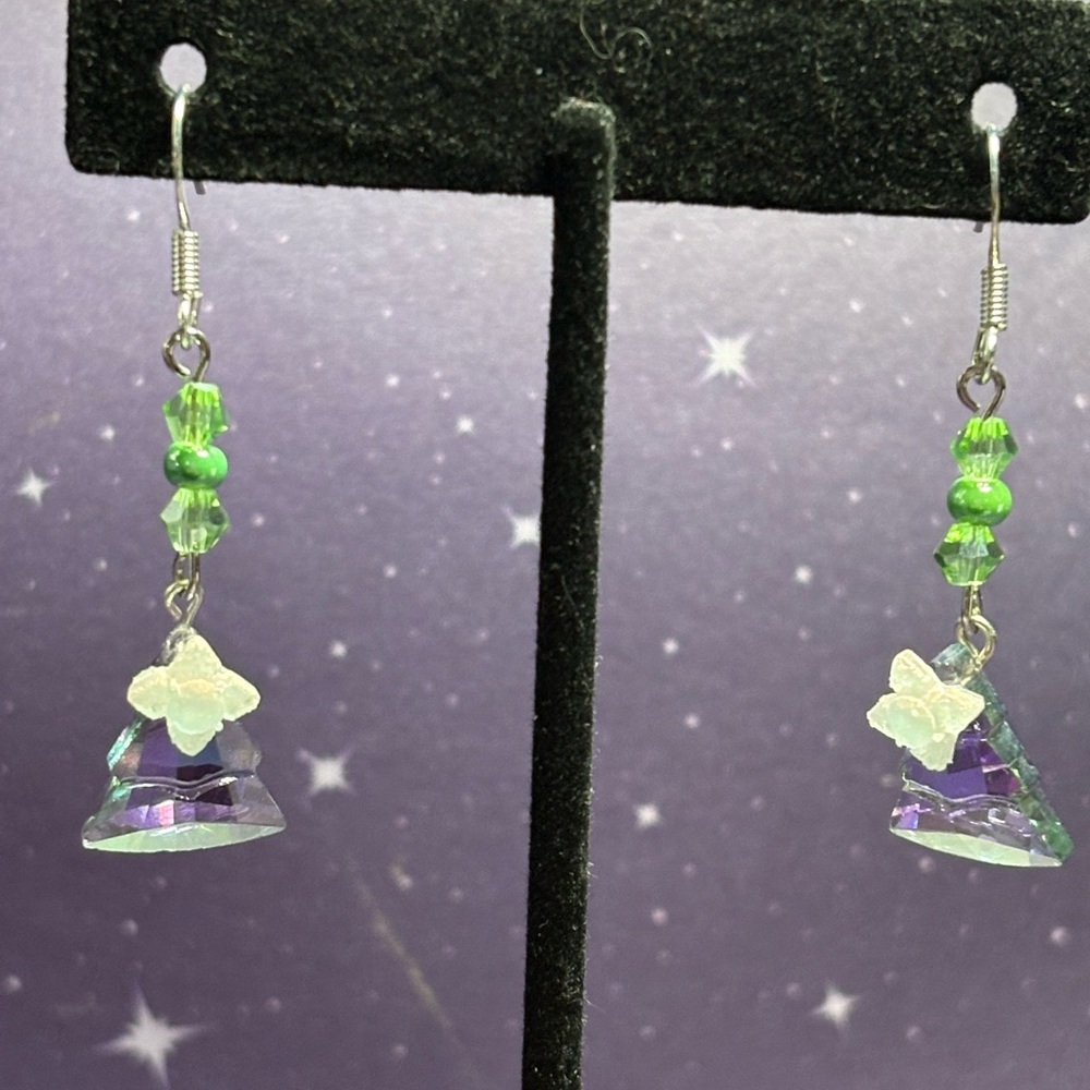 Chic Christmas Tree Drop Earrings in Green and Purple